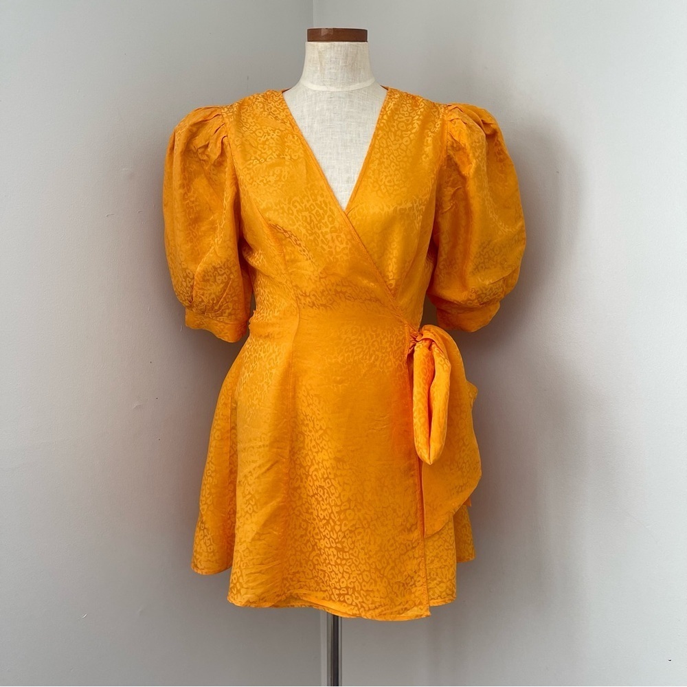 Ronny Kobo Yellow Anna Silk blend puff sleeves mini dress size large NWOt